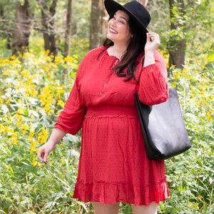 Red Swiss Dot Mini Dress with Ruffle and Tie Neck